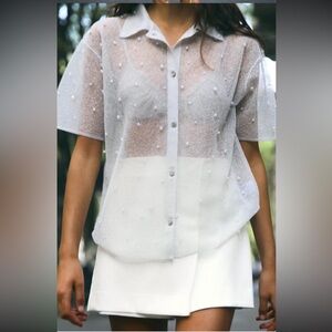 Zara Pearl trim semi sheer knit shirt